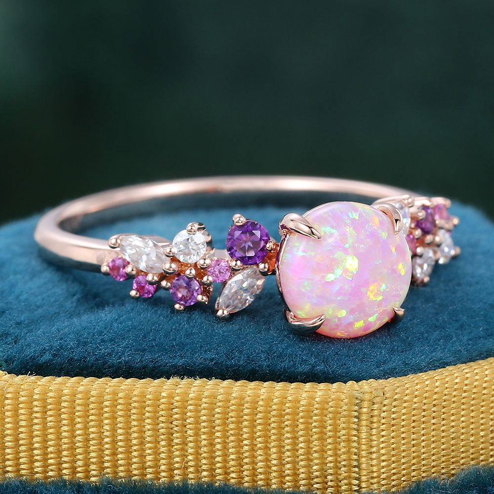 Juyoyo Round Cut Pink Opal Engagement Ring Sapphire Amethyst Moissanite Cluster Promise Ring