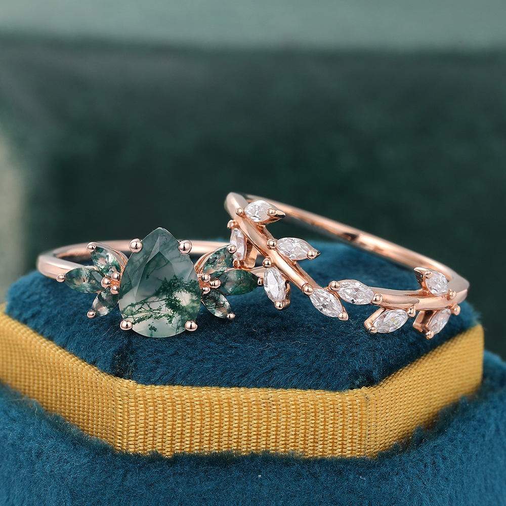 Juyoyo  Pear Moss Agate Ring & Moissanite Curved Twig Band Natural Inspired Wedding Ring Set - 2pcs