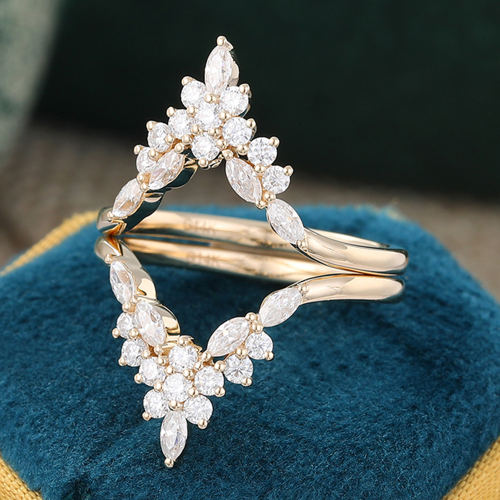 Juyoyo 2PCS Unique Moissanite Double Wedding Band Yellow Gold Vintage Diamond Matching Stacking Ring