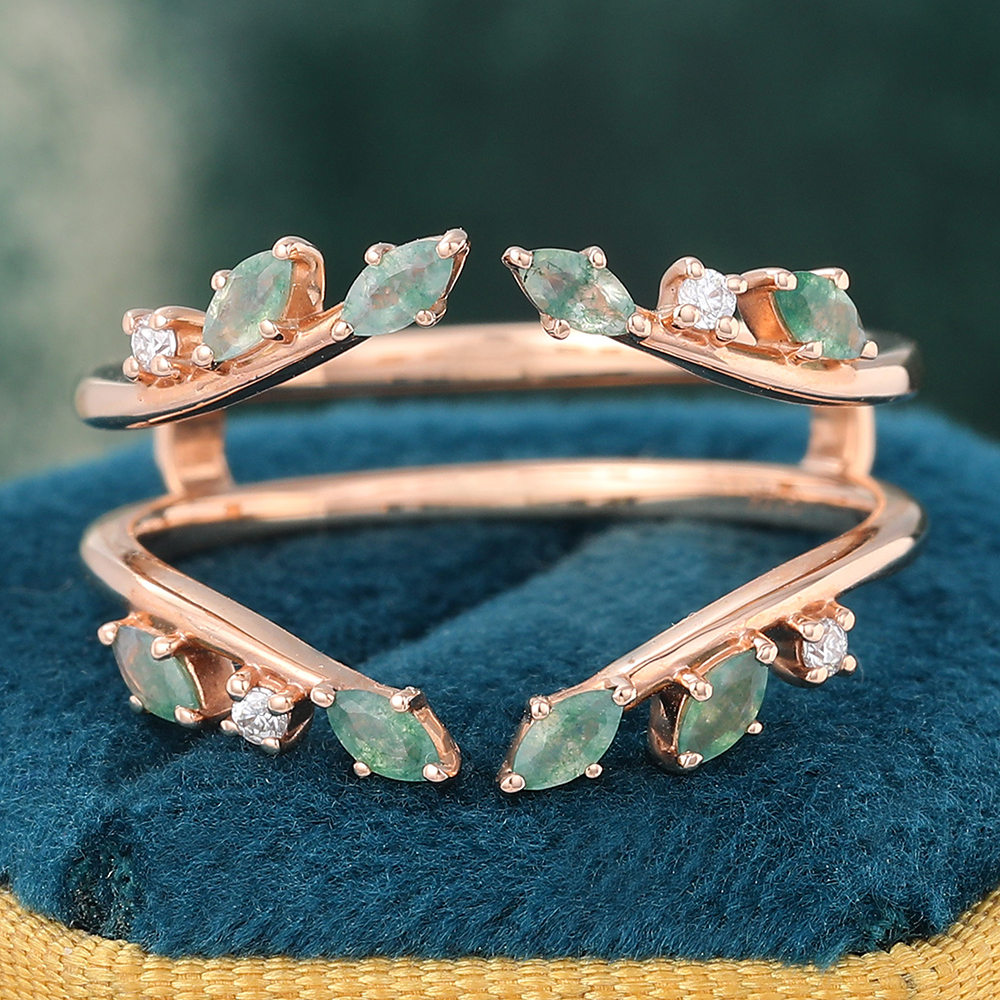 Moss Agate Double Curved Wedding Band Enhancer Vintage Nature Inspired Wedding Ring for Women