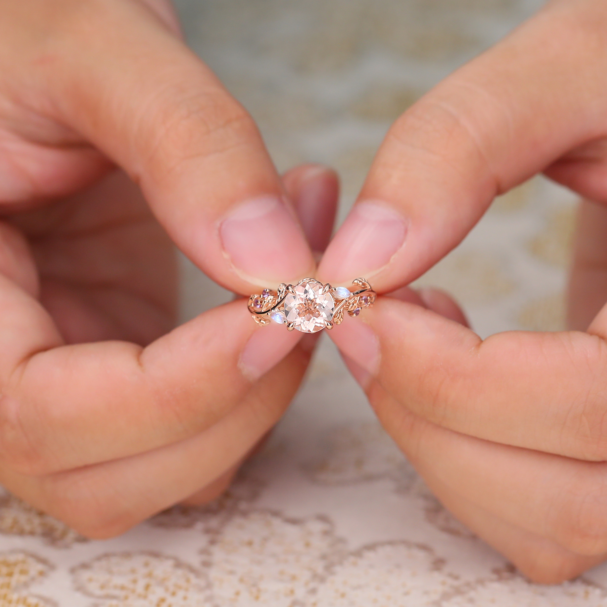 Juyoyo 14K Rose Gold Round Pink Morganite Ring Nature Inspired Engagement Ring