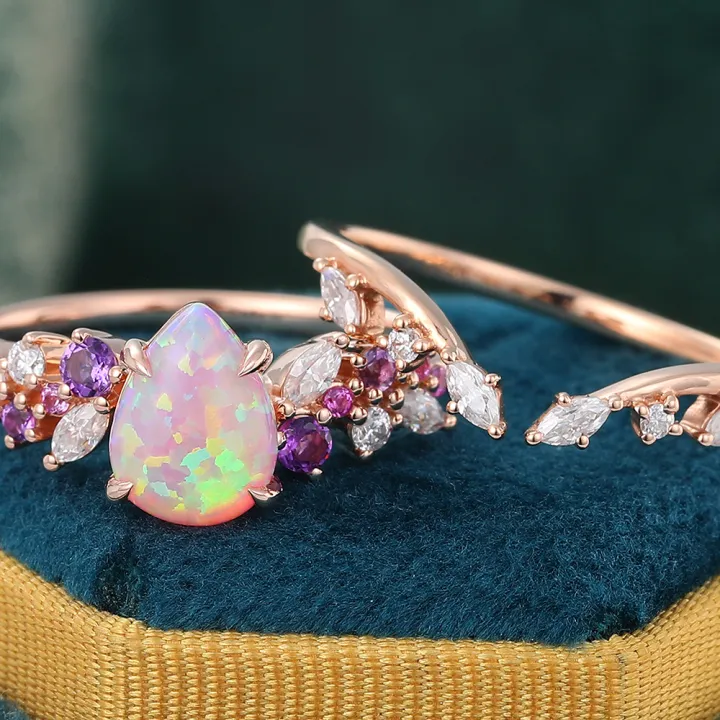 Pear Shaped Opal Engagement Ring Set Wedding Ring Sets Rose Gold