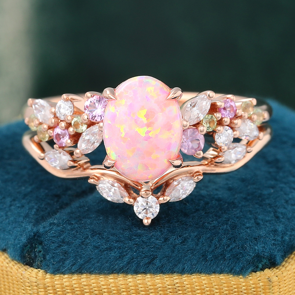Juyoyo Art Deco Oval Pink Opal Promise Ring Set Moissanite Leaf Stacking Band Women