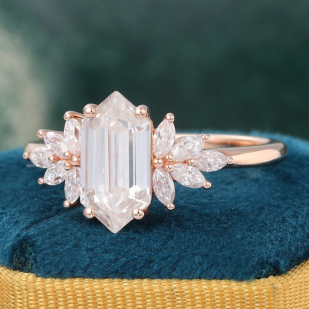 Juyoyo Long Hexagon Cut Moissanite Engagement Ring Lab Grown Diamond Ring Promise Anniversary Ring