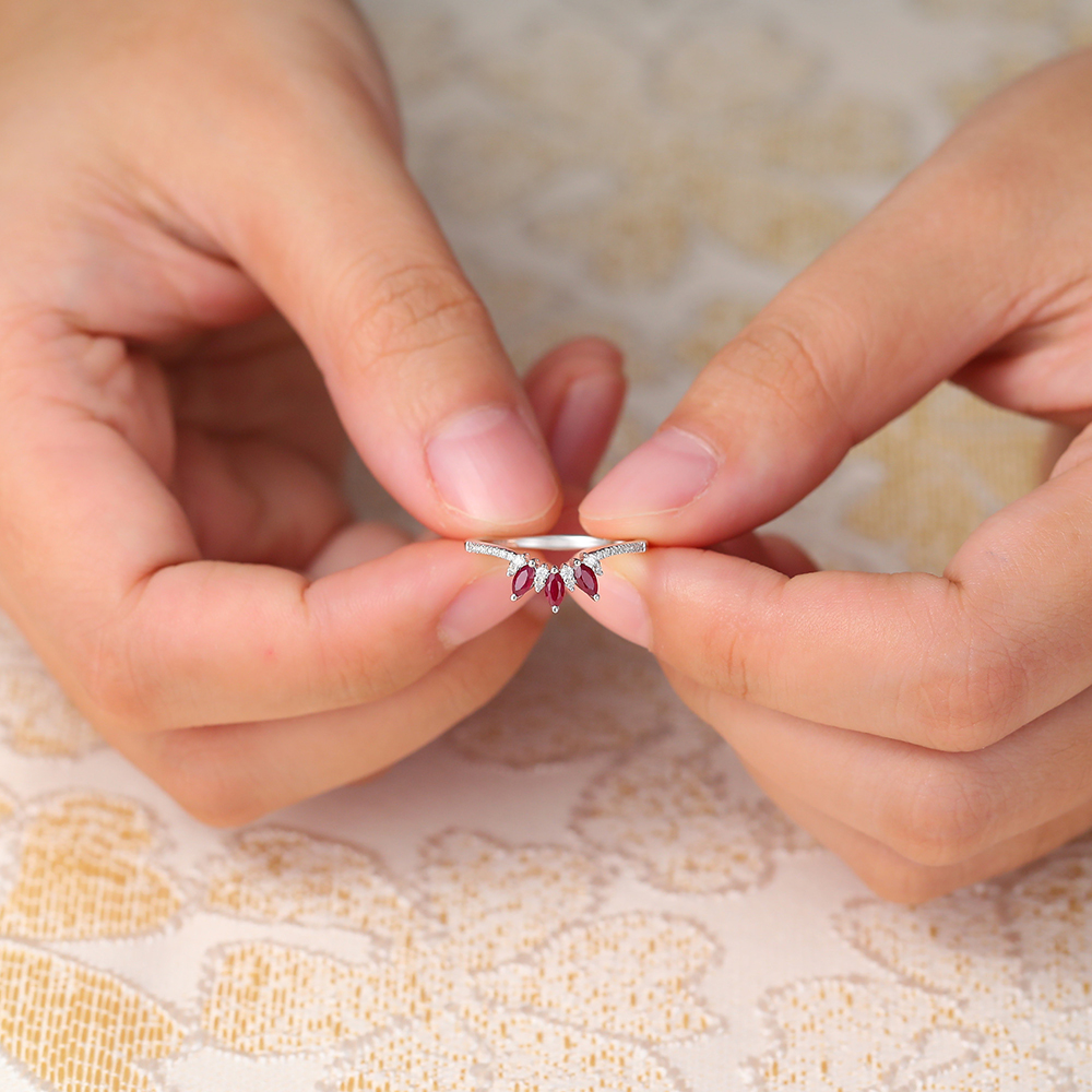 Juyoyo Ruby Curved Wedding Band Diamond Pave White Gold Stacking Ring for Women