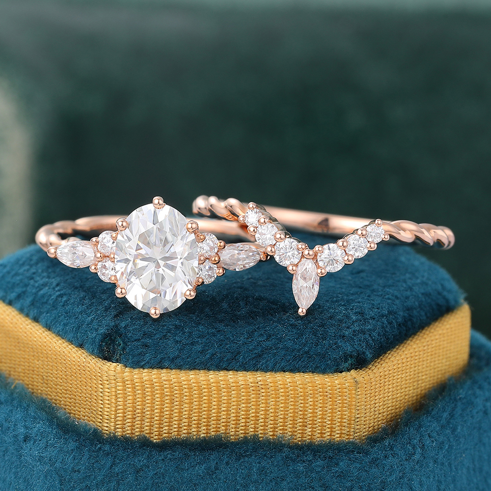 Juyoyo Vintage Oval Moissanite & Diamond Wedding Ring Set Twisted Band Engagement Ring Set - 2pcs