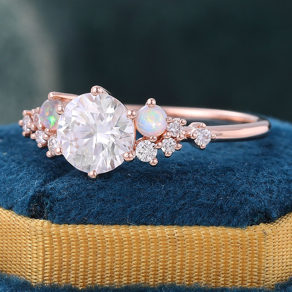 Juyoyo Round Moissanite and Opal Engagement Ring Vintage Cluster Bridal Ring - 14K Rose Gold