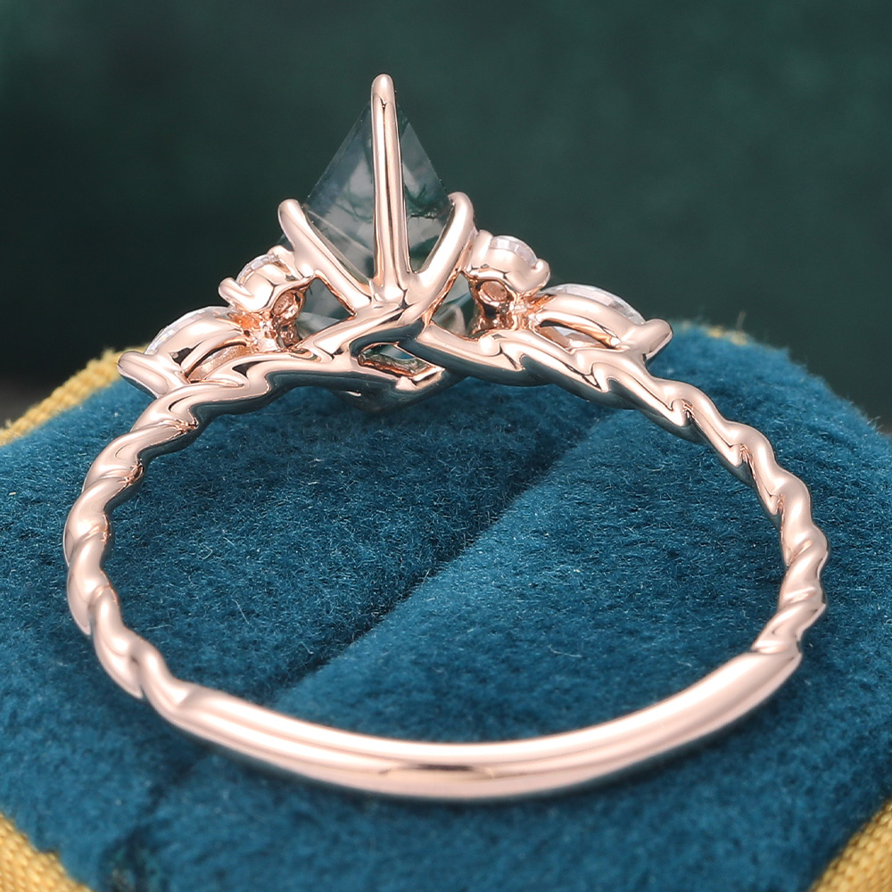 14K Rose Gold Kite Cut Moss Agate and Moissanite Twisted Ring