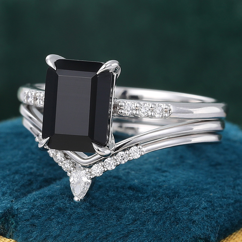 Emerald Cut Black Onyx Engagement Ring Set �C 3 Piece with V-Shaped Diamond Band & Plain Gold Band