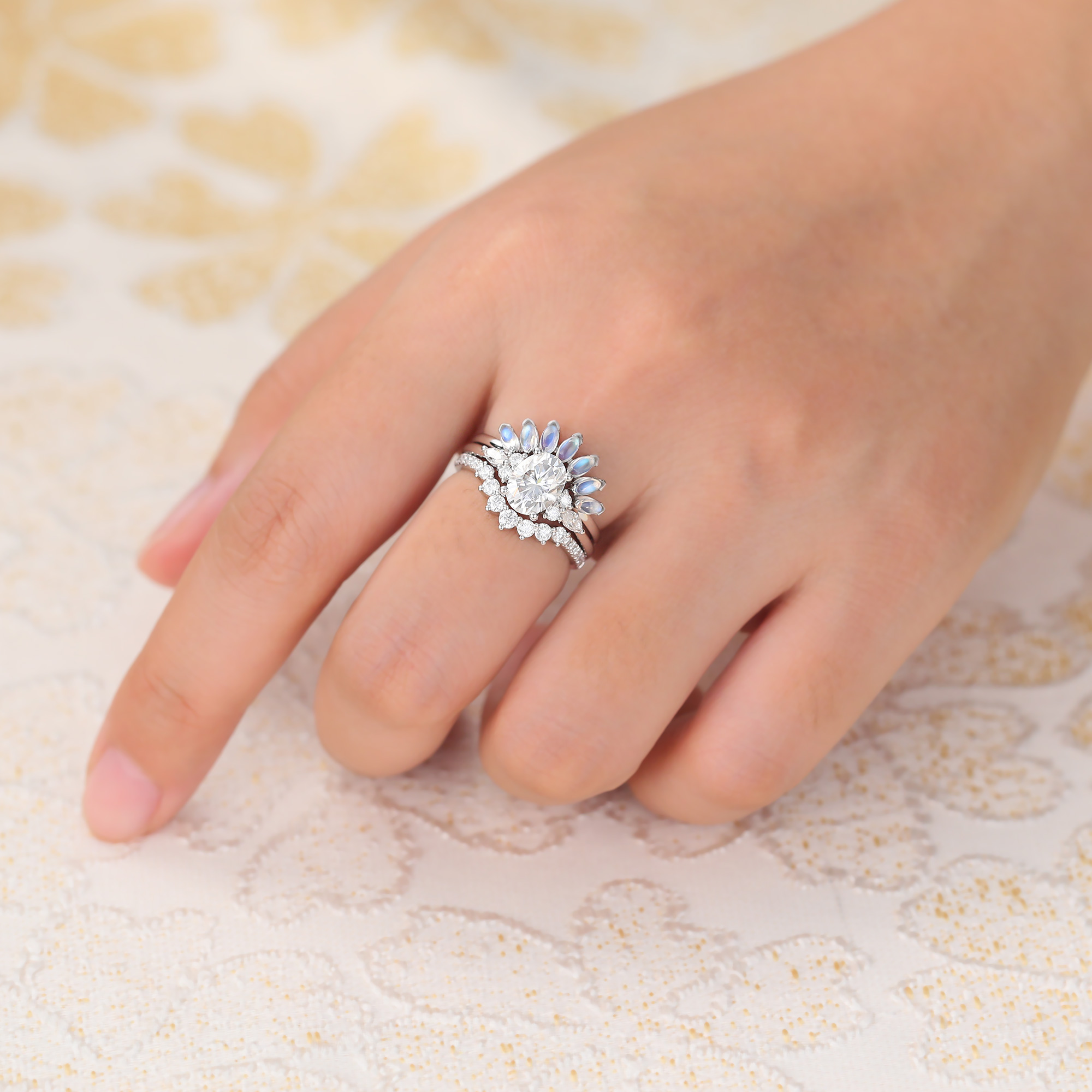 Juyoyo Oval Moissanite Bridal Ring Set White Gold Moonstone Engagement Ring Set - 3pcs