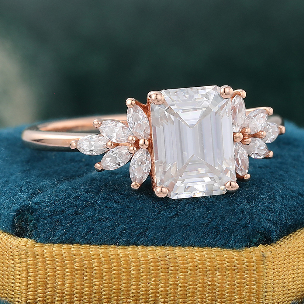 Juyoyo Emerald Cut Moissanite Wing Engagement Ring Vintage Diamond Accents Cluster Ring - 14K Rose Gold