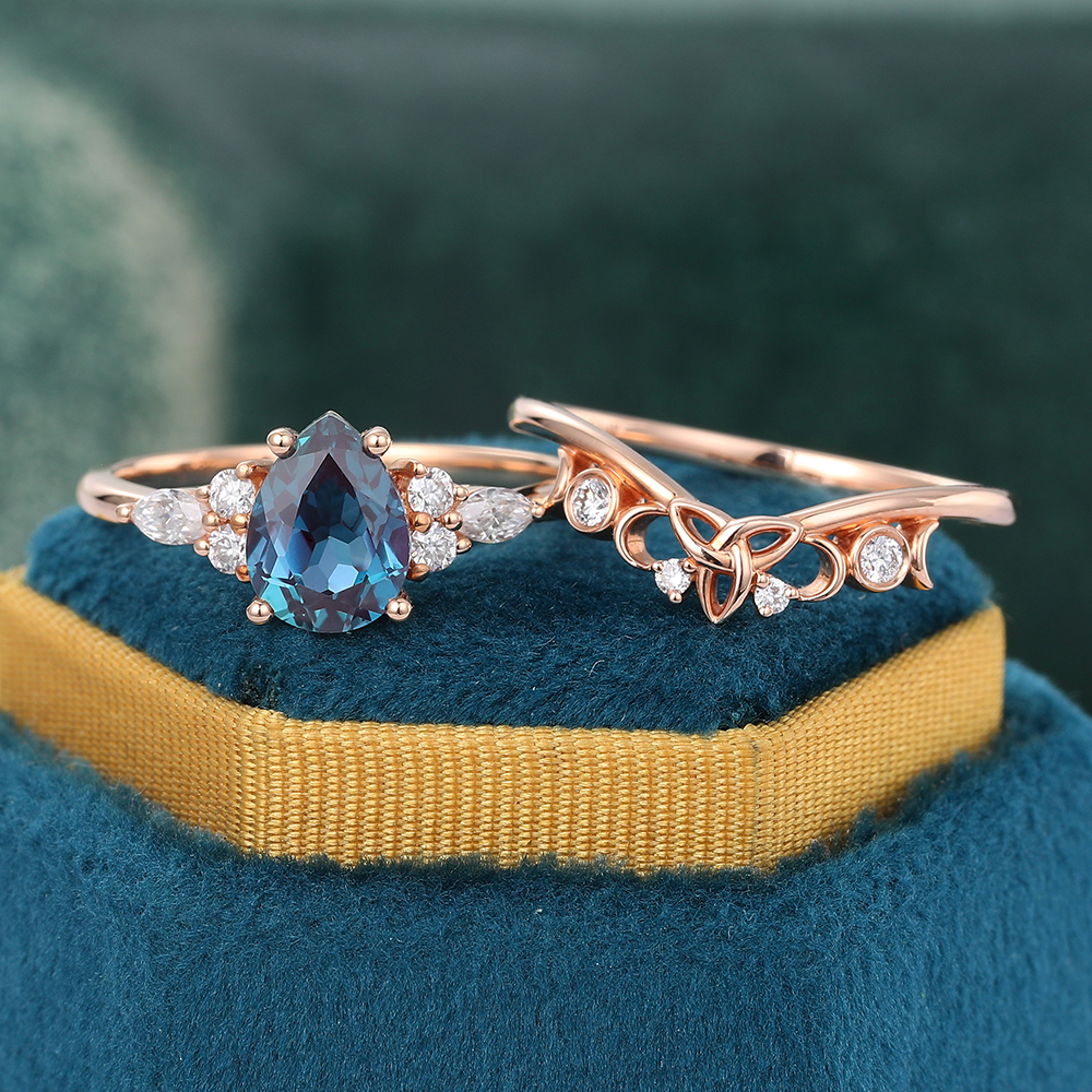 Juyoyo Pear Shaped Alexandrite Bridal Set Dainty Vintage Cluster Engagement Ring Set 14K Rose Gold