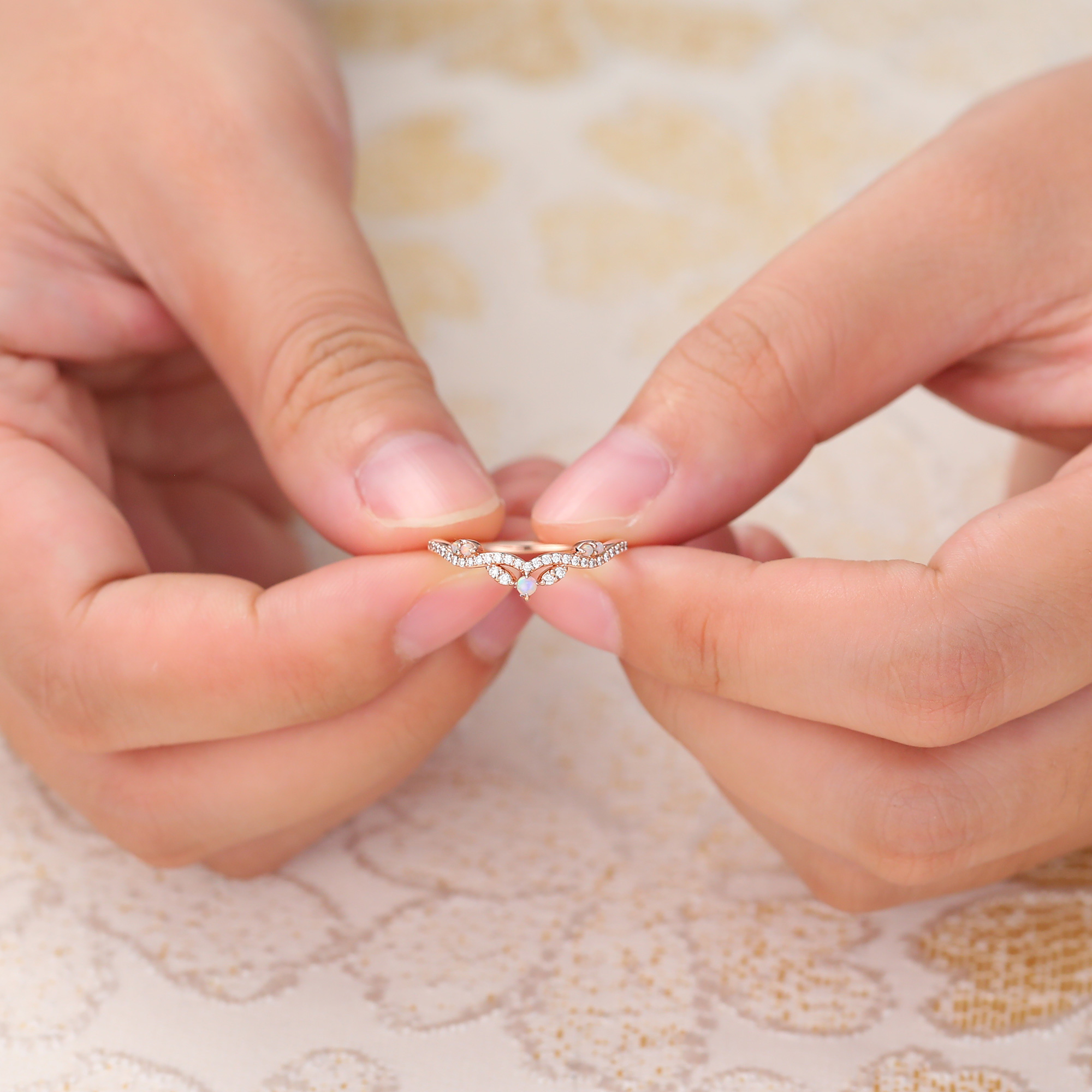 Juyoyo Round Cut Opal & Moissanite Wedding Band Stackable Curved Wedding Band for Women