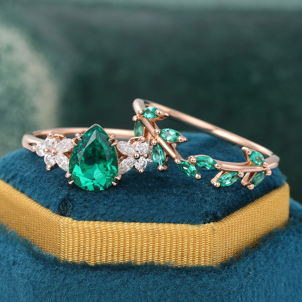 Juyoyo Vintage Pear Shaped Emerald Wedding Ring Set Nature Inspired Engagement Ring Set 14K Rose Gold