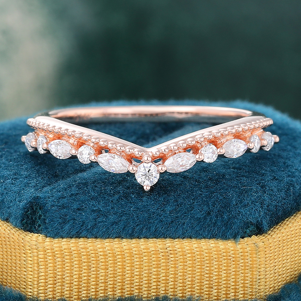 Juyoyo Round & Marquise Cut Moissanite Beaded Wedding Band Rose Gold Diamond Stacking Ring