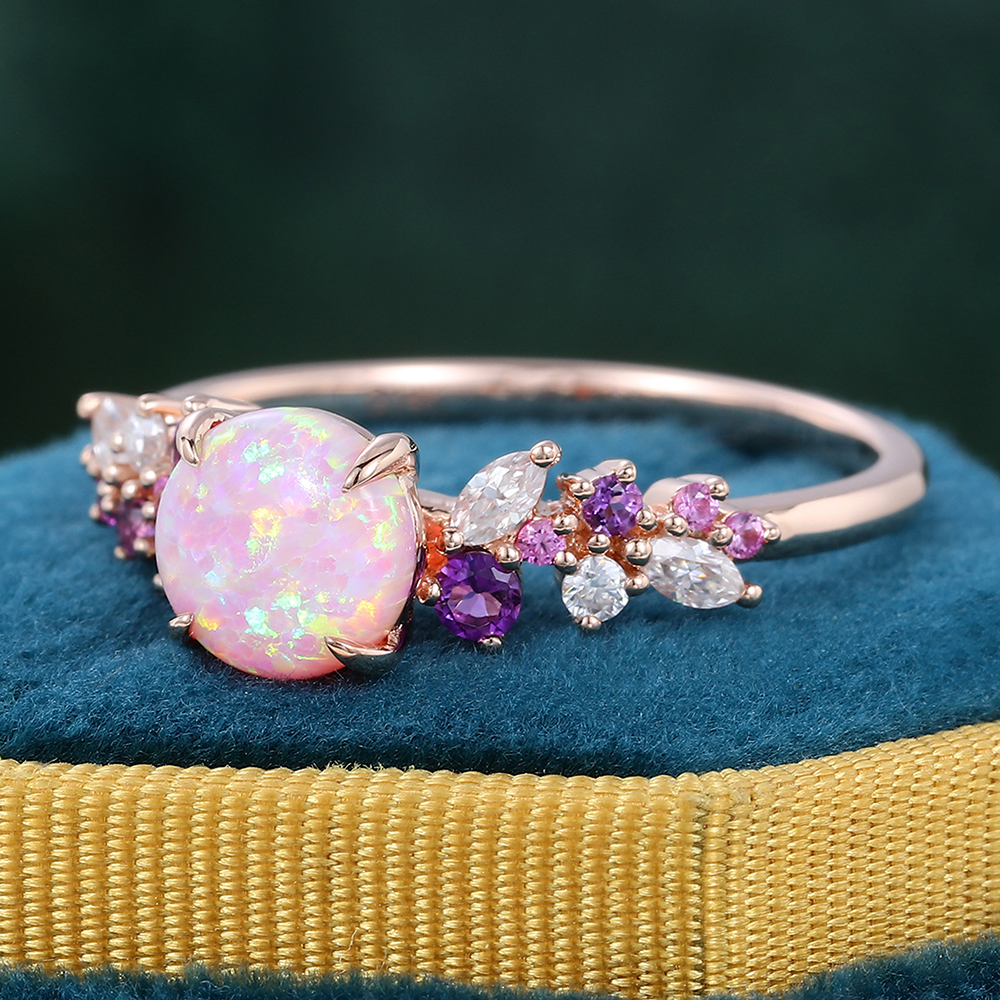 Juyoyo Round Cut Pink Opal Engagement Ring Sapphire Amethyst Moissanite Cluster Promise Ring
