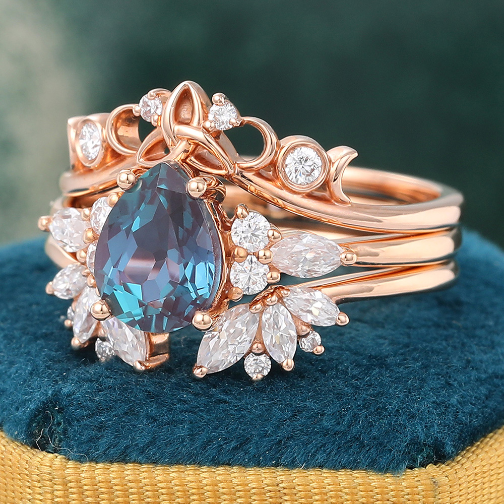 Juyoyo Unique Rose Gold Alexandrite Bridal Set Art Deco Engagement Ring Set for Women - 3pcs