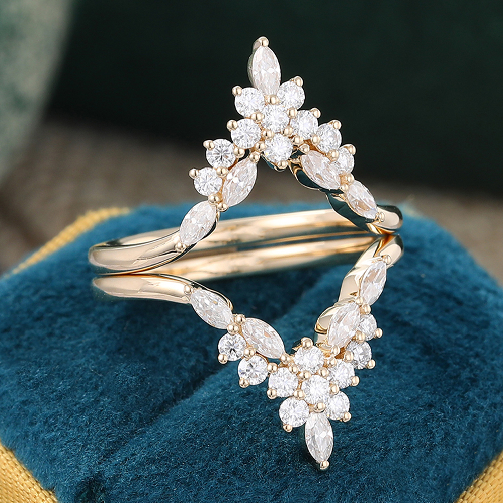 Juyoyo 2PCS Unique Moissanite Double Wedding Band Yellow Gold Vintage Diamond Matching Stacking Ring