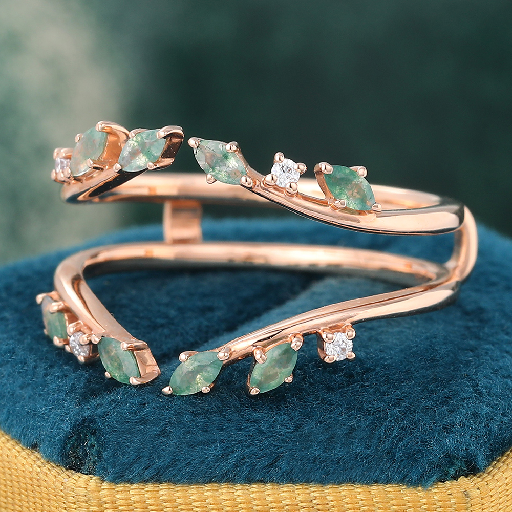 Moss Agate Double Curved Wedding Band Enhancer Vintage Nature Inspired Wedding Ring for Women