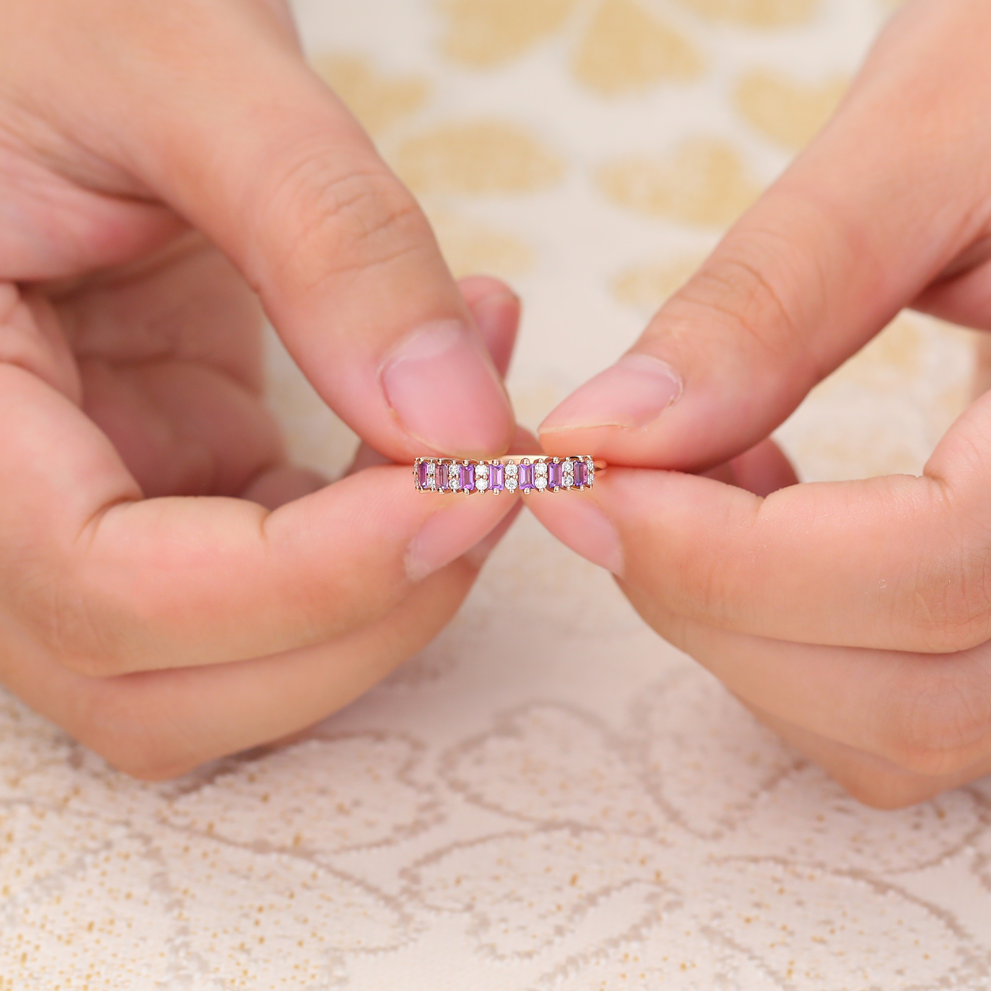 Juyoyo Baguette Cut Amethyst Wedding Band Unique Stacking Anniversary Ring Gift for Women