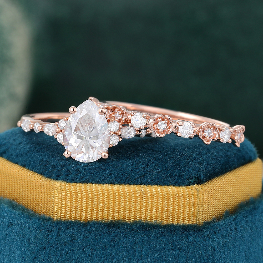 Juyoyo Pear Shaped Moissanite Engagement Ring Vintage Nature Inspired Wedding Ring Set - 2pcs