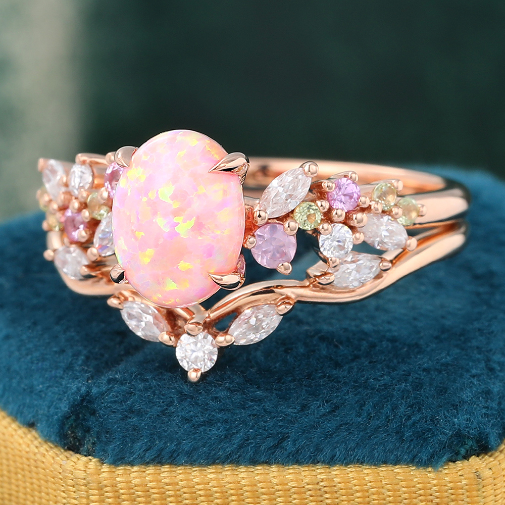 Juyoyo Art Deco Oval Pink Opal Promise Ring Set Moissanite Leaf Stacking Band Women