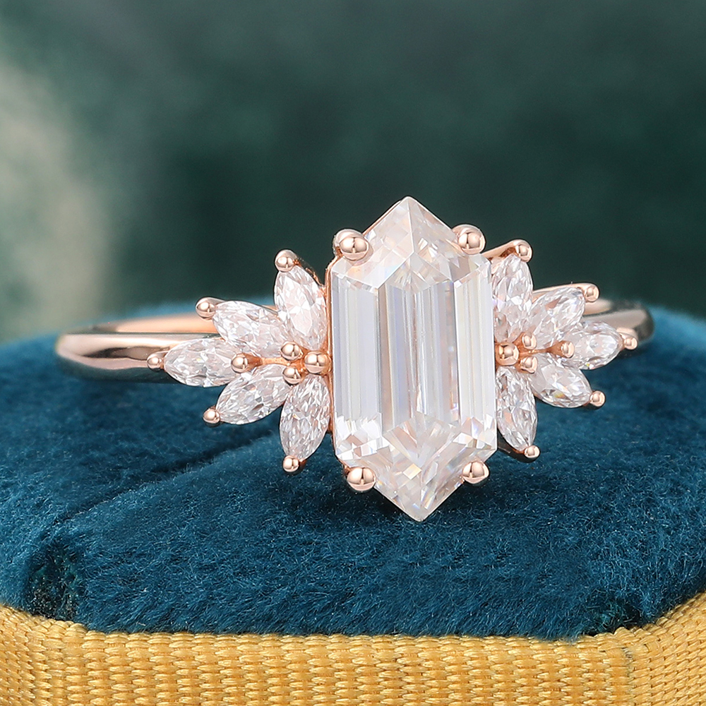 Juyoyo Long Hexagon Cut Moissanite Engagement Ring Lab Grown Diamond Ring Promise Anniversary Ring