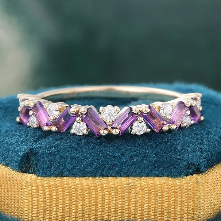 Yellow Gold Baguette Cut Amethyst Diamond Ring Stackable Band February Birthstone