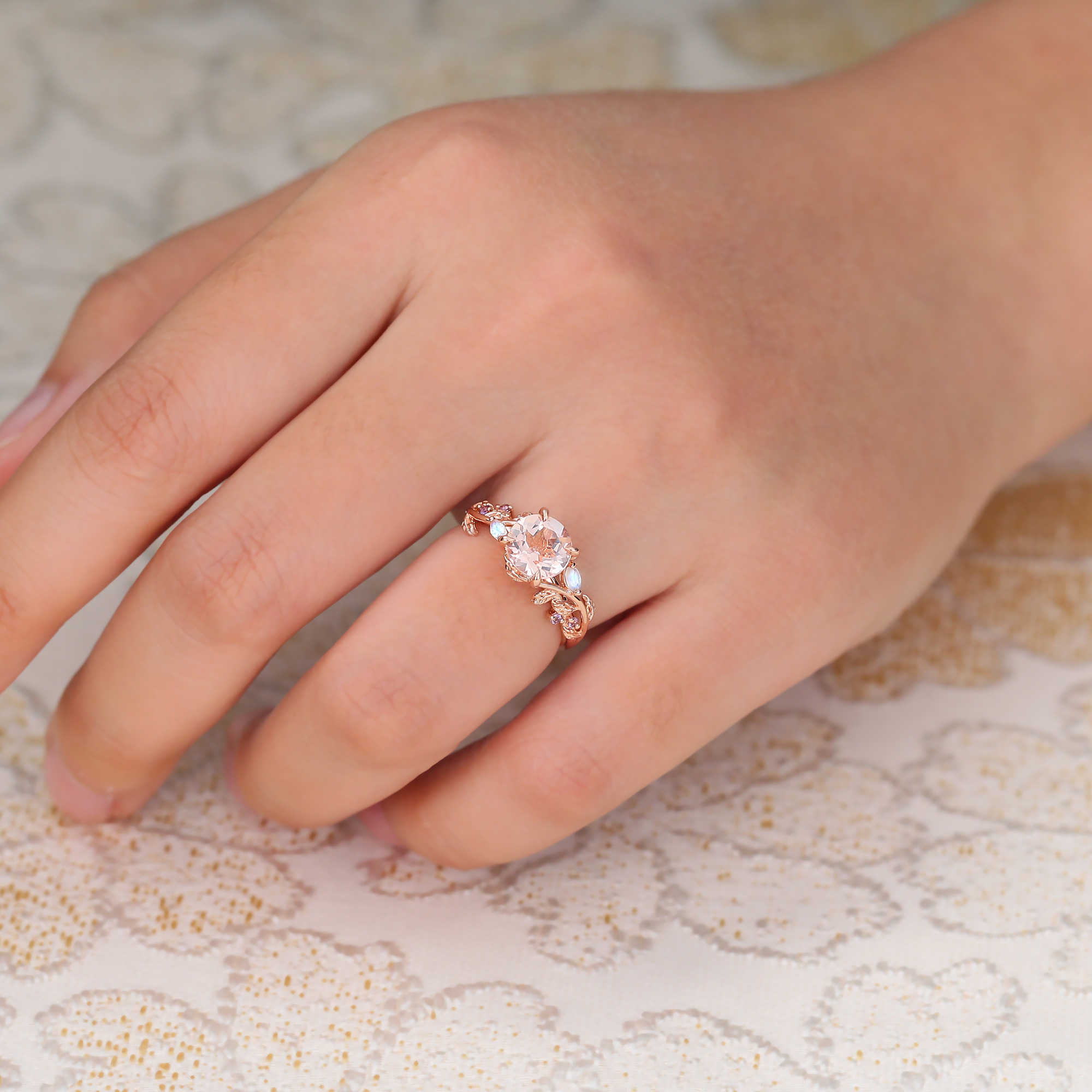 Juyoyo 14K Rose Gold Round Pink Morganite Ring Nature Inspired Engagement Ring