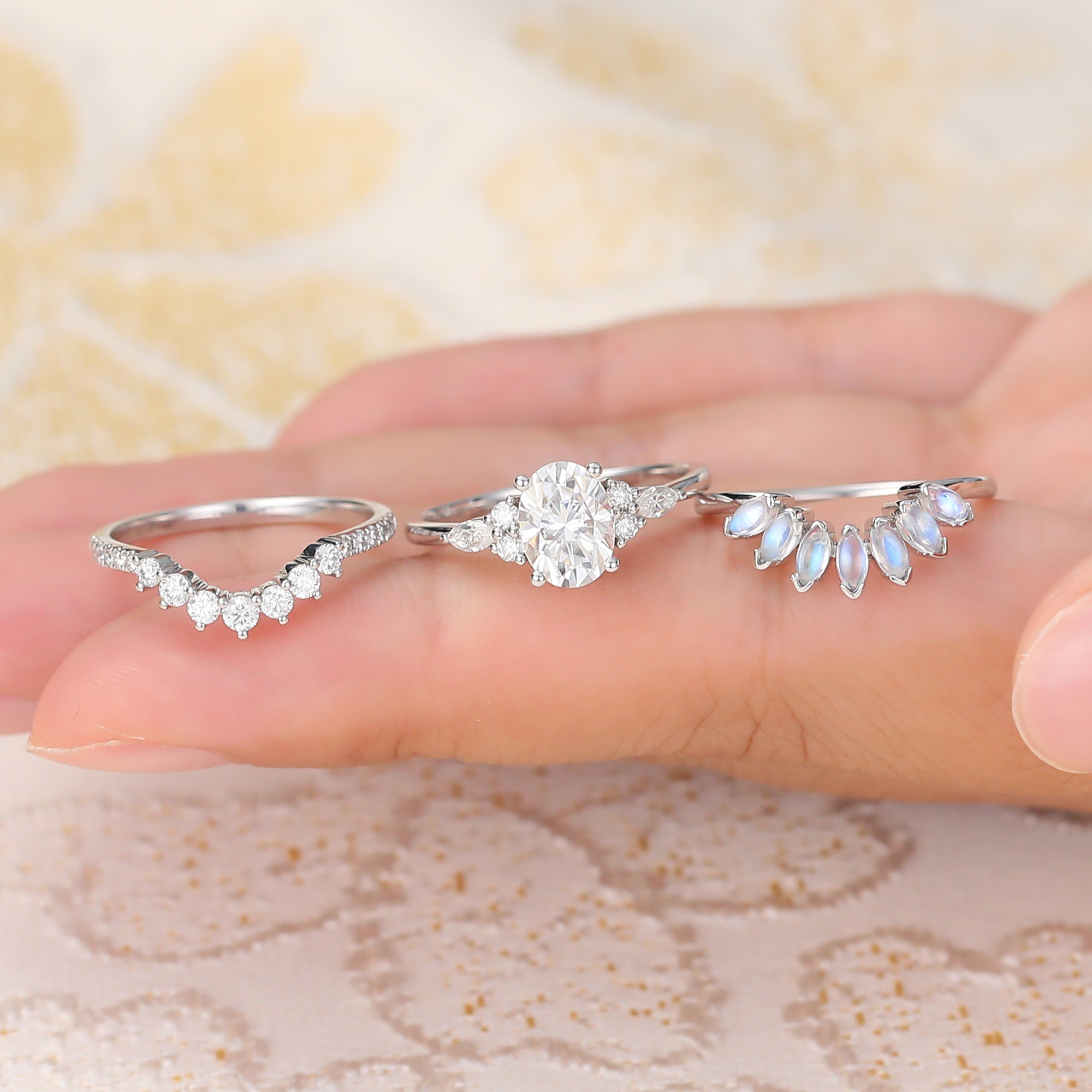 Juyoyo Oval Moissanite Bridal Ring Set White Gold Moonstone Engagement Ring Set - 3pcs