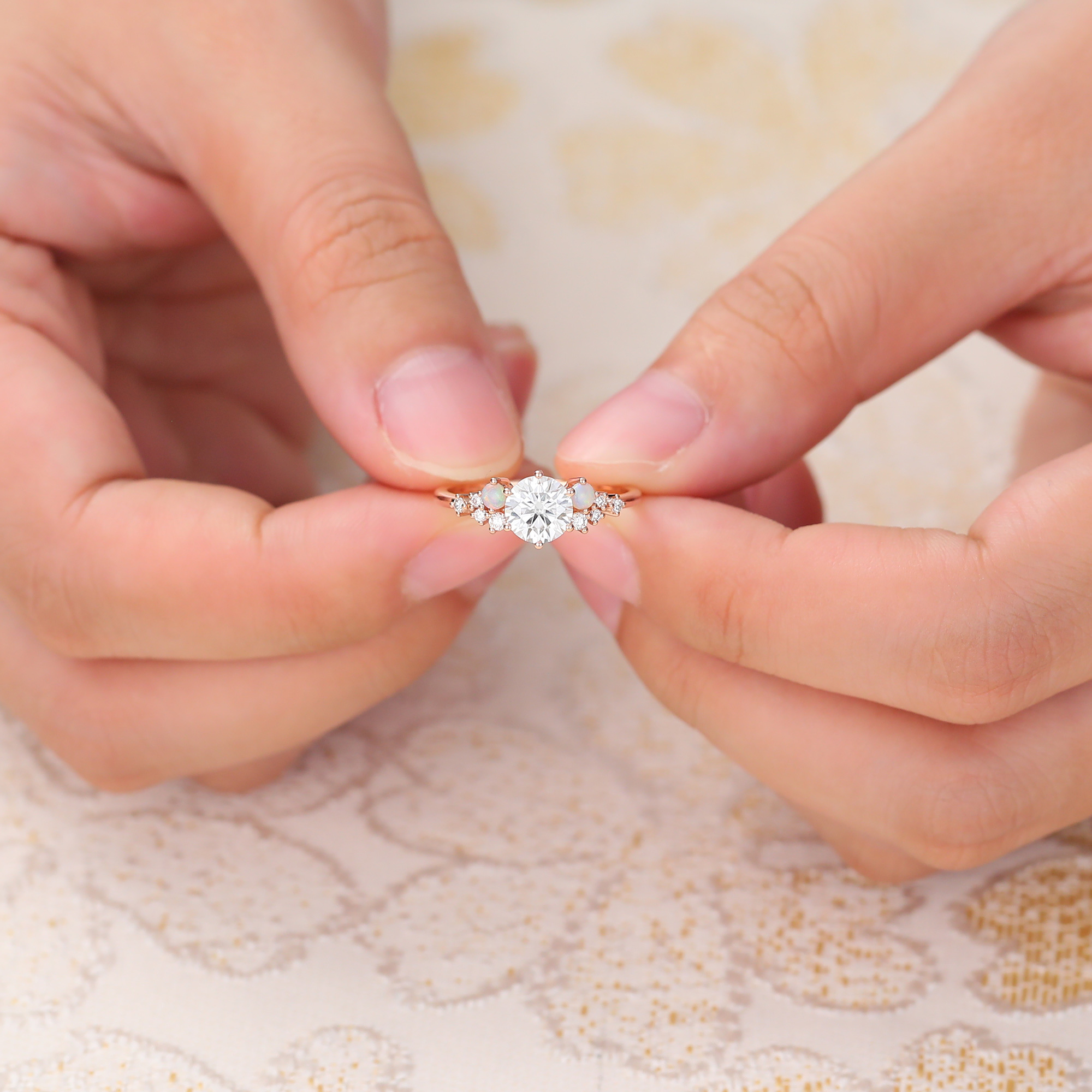 Juyoyo Round Moissanite and Opal Engagement Ring Vintage Cluster Bridal Ring - 14K Rose Gold