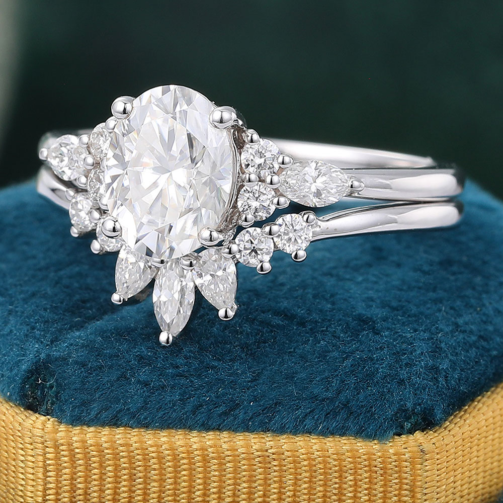 Juyoyo Oval Cut Moissanite Engagement Ring Set Dainty Cluster Bridal Ring Set 14K White Gold