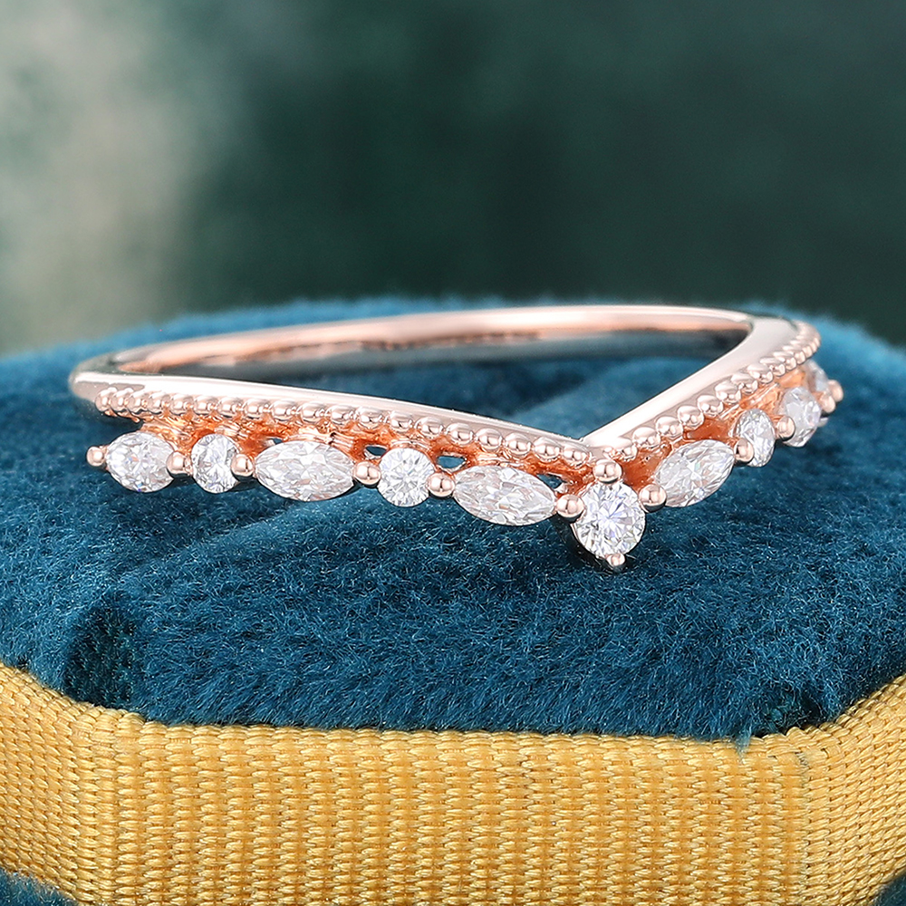 Juyoyo Round & Marquise Cut Moissanite Beaded Wedding Band Rose Gold Diamond Stacking Ring