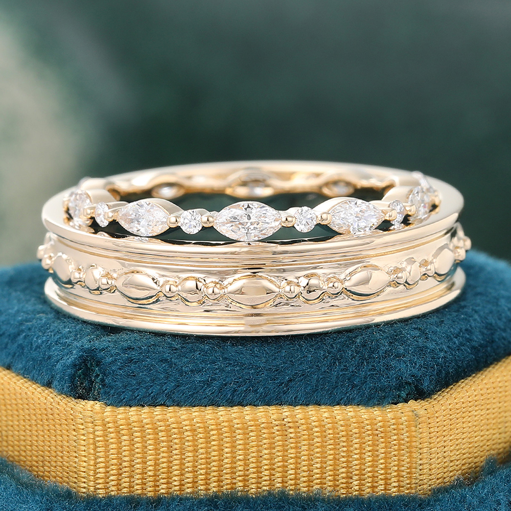 Juyoyo Moissanite Couple Rings For Men & Women Yellow Gold Double Band Bridal Set - 2pcs