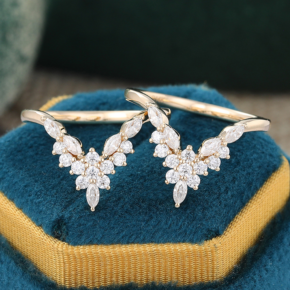 Juyoyo 2PCS Unique Moissanite Double Wedding Band Yellow Gold Vintage Diamond Matching Stacking Ring