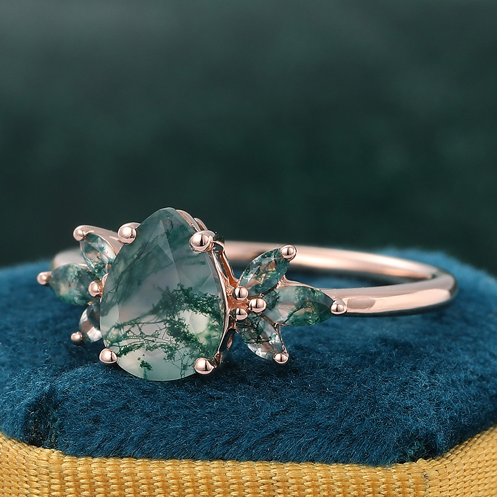 Natural Inspired Pear Moss Agate Engagement Ring with Marquise Moss Agate Accents