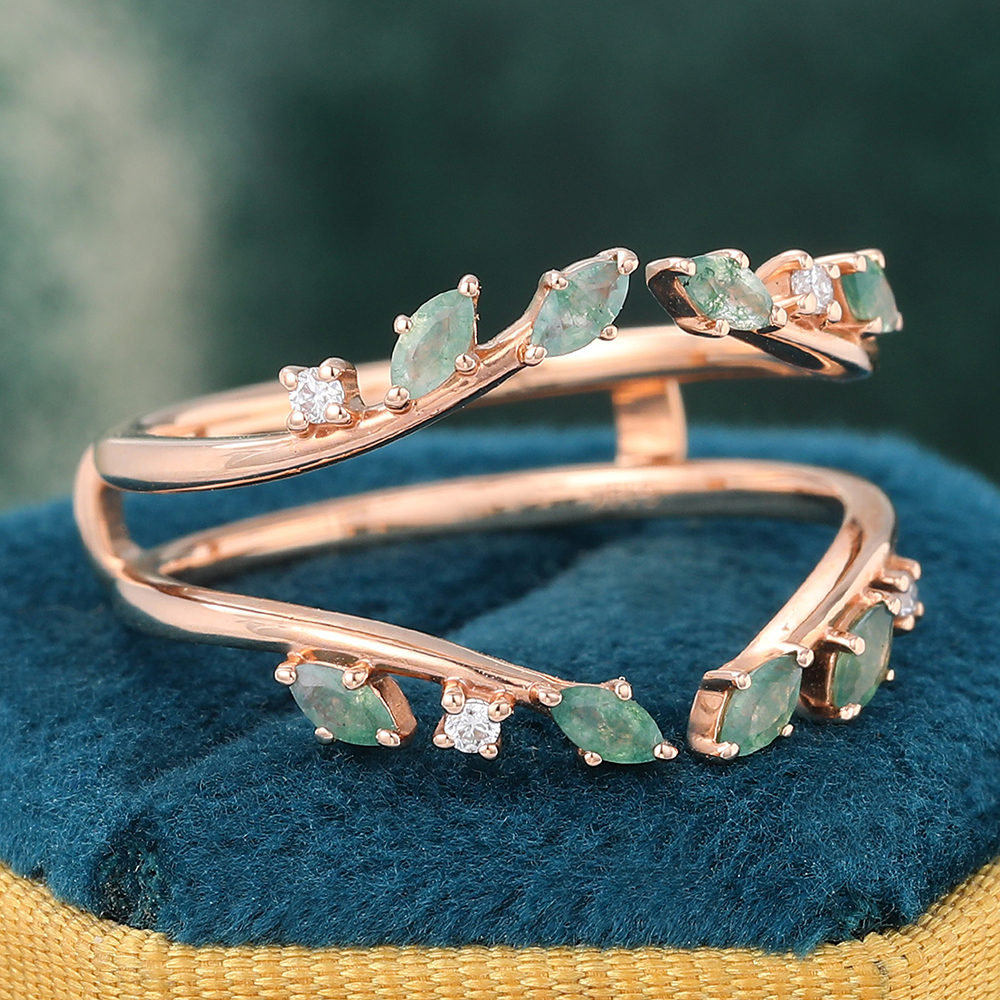 Moss Agate Double Curved Wedding Band Enhancer Vintage Nature Inspired Wedding Ring for Women