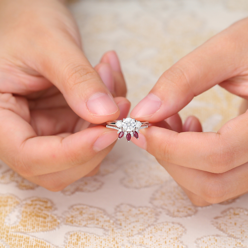 Juyoyo Moissanite Bridal Ring Set with Ruby Wedding Band White Gold Engagement Ring Set - 2pcs