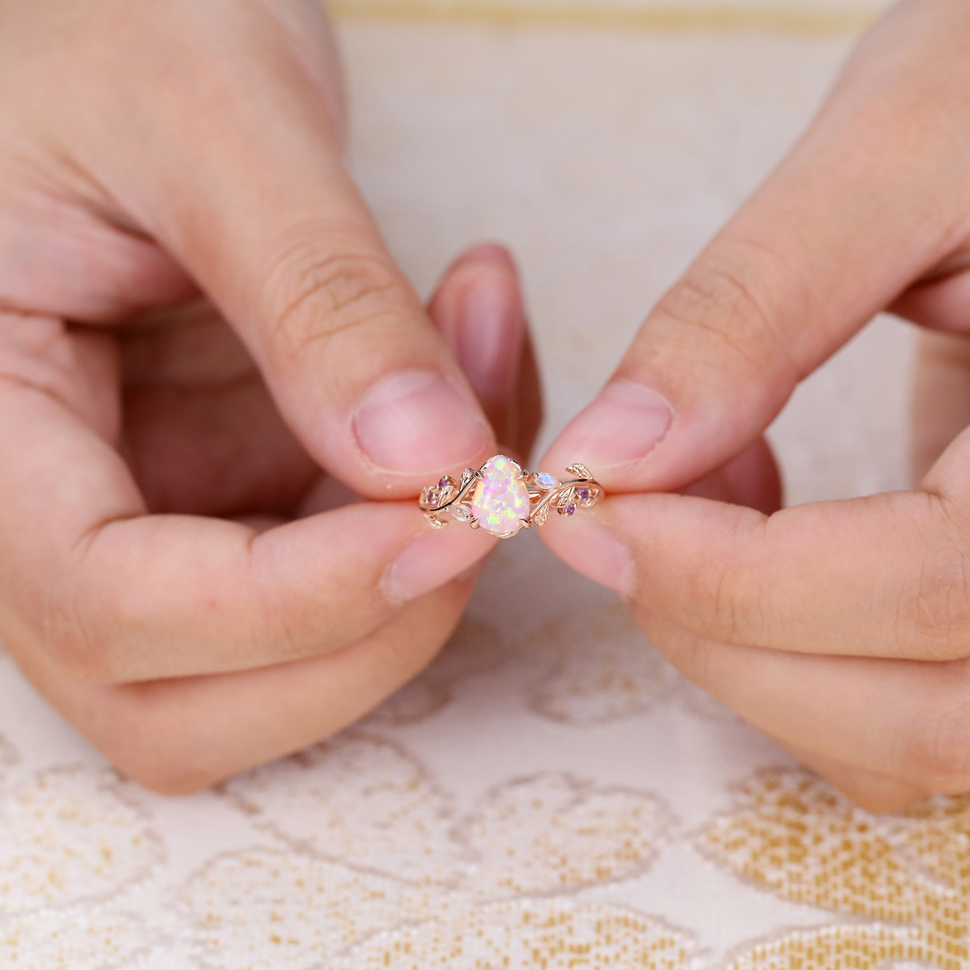Juyoyo Rose Gold Pear Shaped Pink Opal Engagement Ring Nature Inspired Leaf Vine Promise Ring