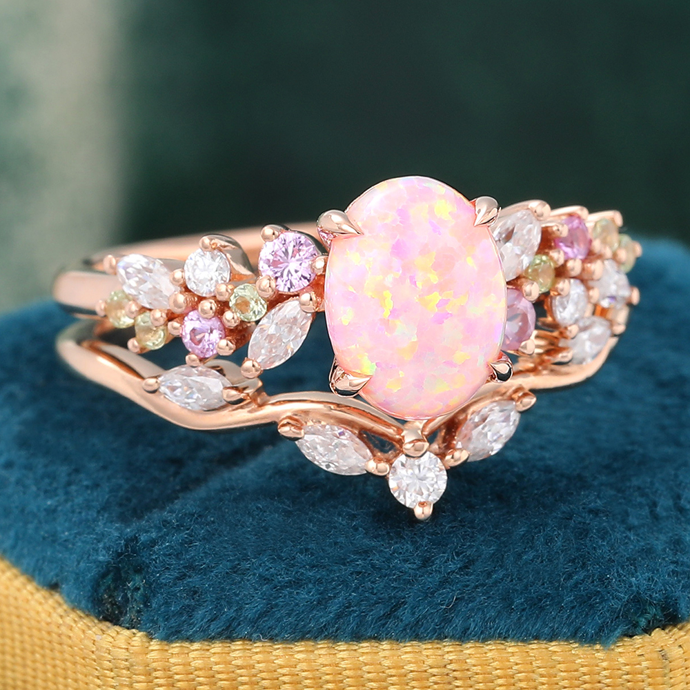 Juyoyo Art Deco Oval Pink Opal Promise Ring Set Moissanite Leaf Stacking Band Women