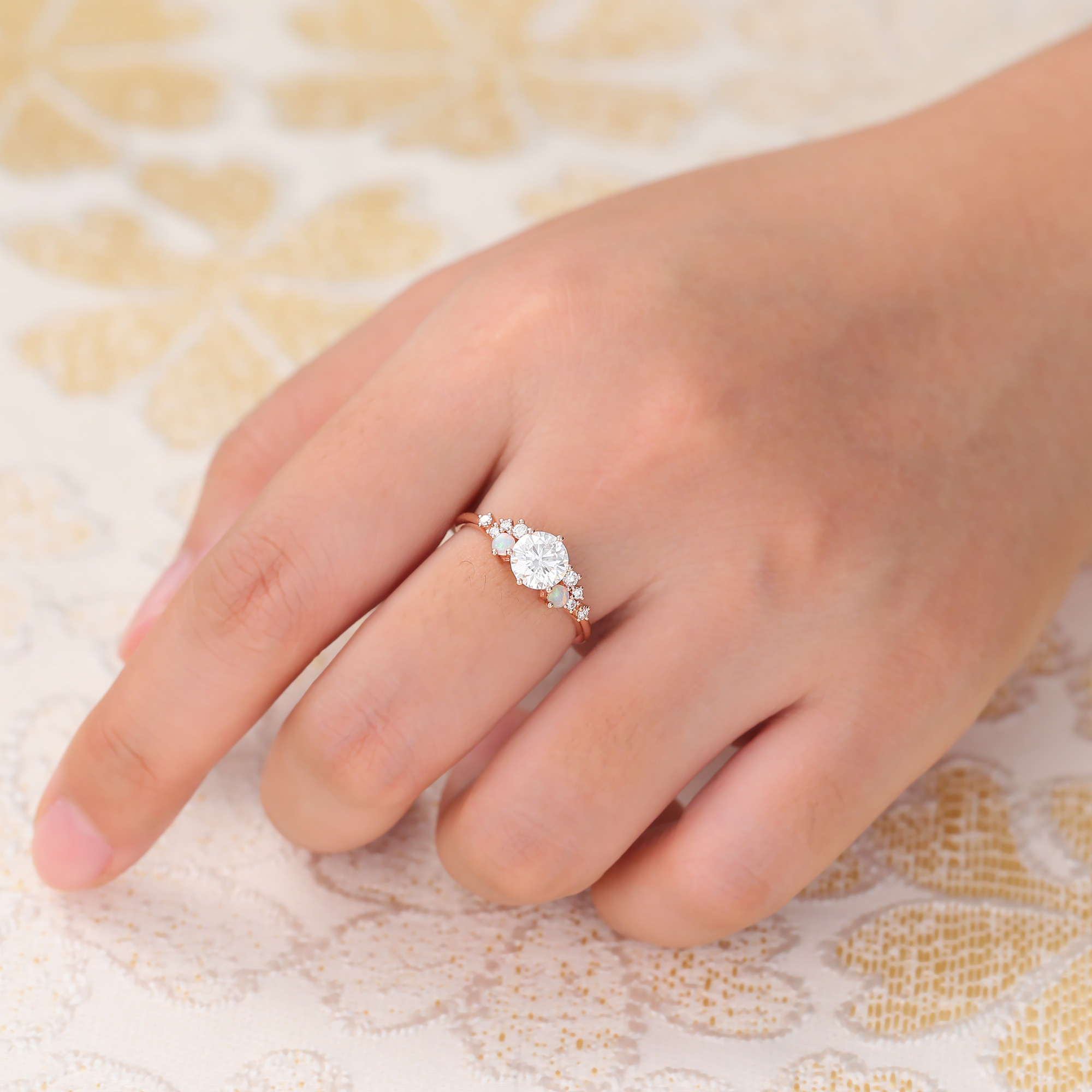 Juyoyo Round Moissanite and Opal Engagement Ring Vintage Cluster Bridal Ring - 14K Rose Gold