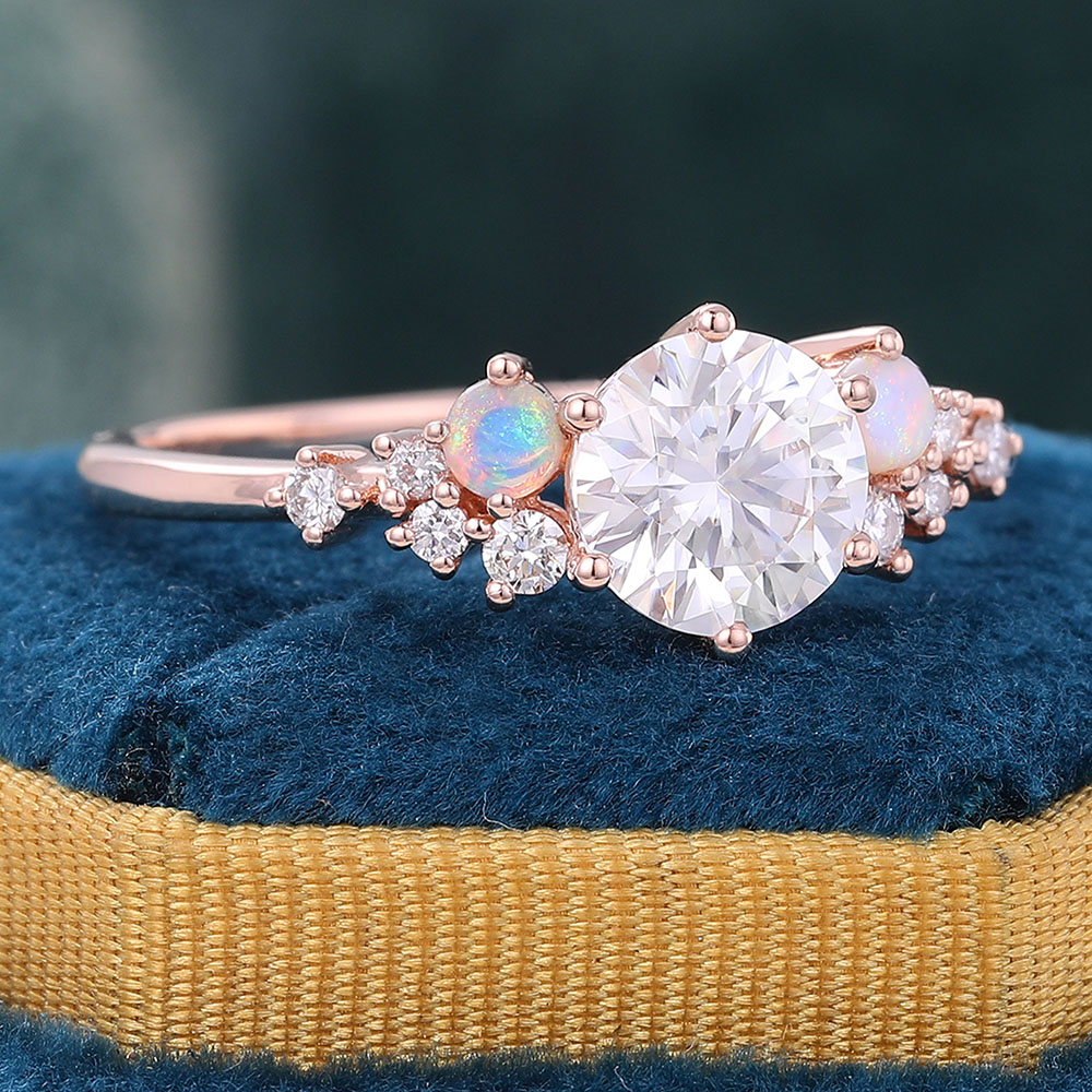 Juyoyo Round Moissanite and Opal Engagement Ring Vintage Cluster Bridal Ring - 14K Rose Gold