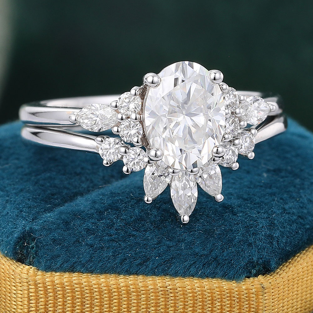 Juyoyo Oval Cut Moissanite Engagement Ring Set Dainty Cluster Bridal Ring Set 14K White Gold