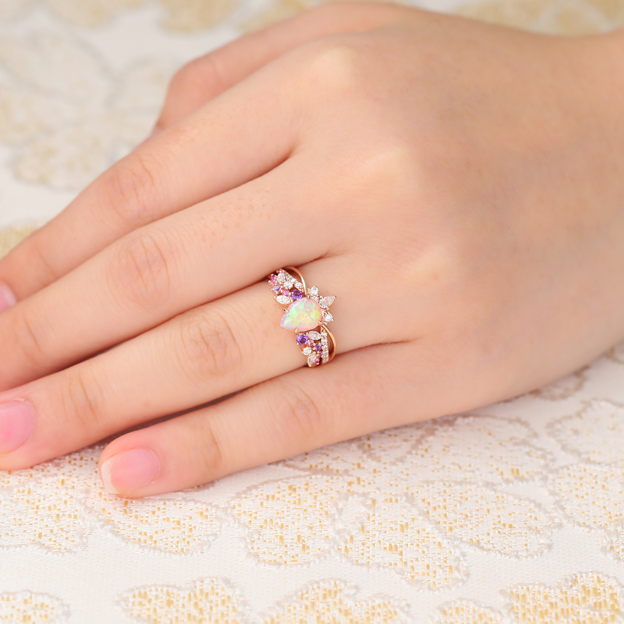 Juyoyo Pear Shaped Pink Opal Bridal Ring Set Vintage Rose Gold Anniversary Promise Ring Set Women