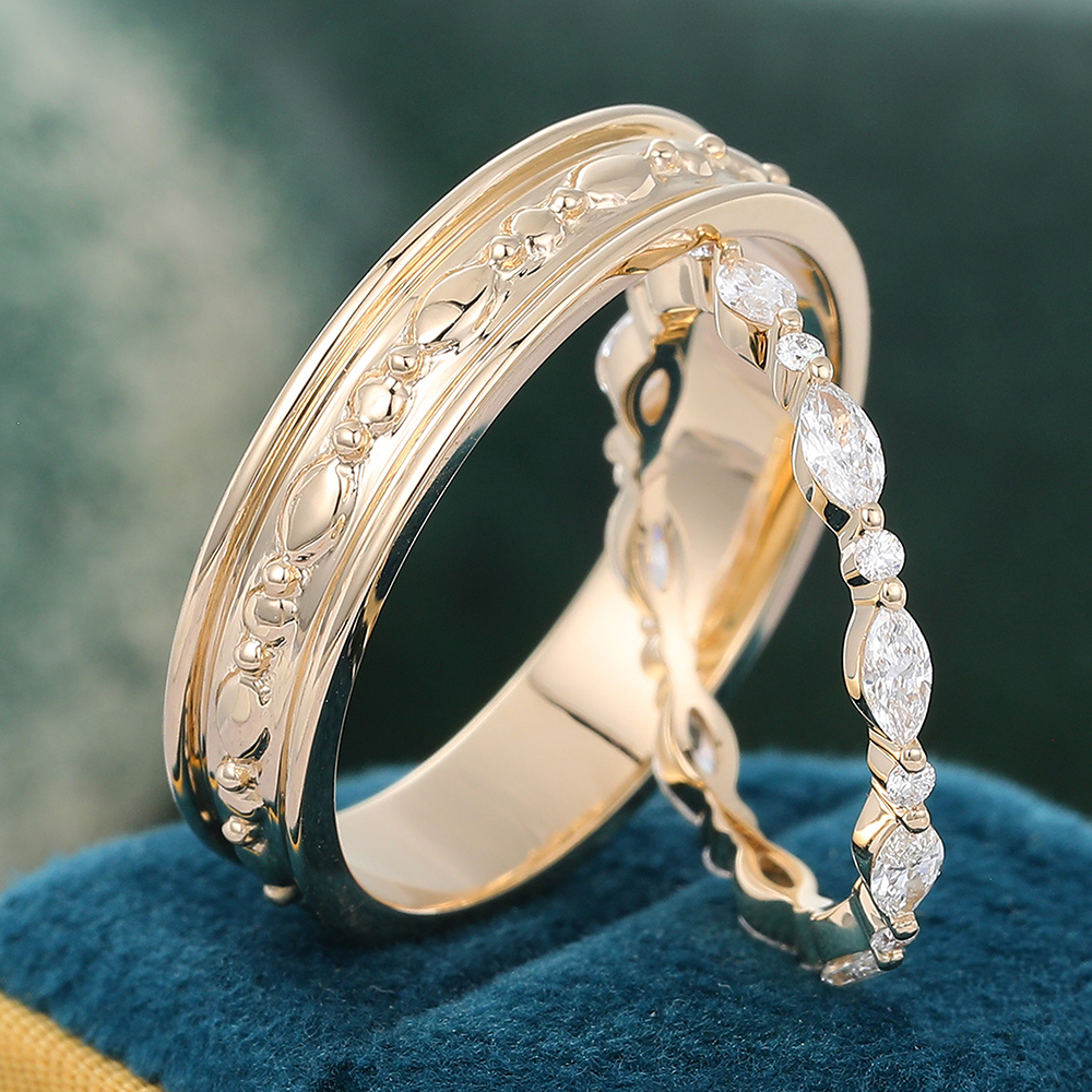 Juyoyo Moissanite Couple Rings For Men & Women Yellow Gold Double Band Bridal Set - 2pcs