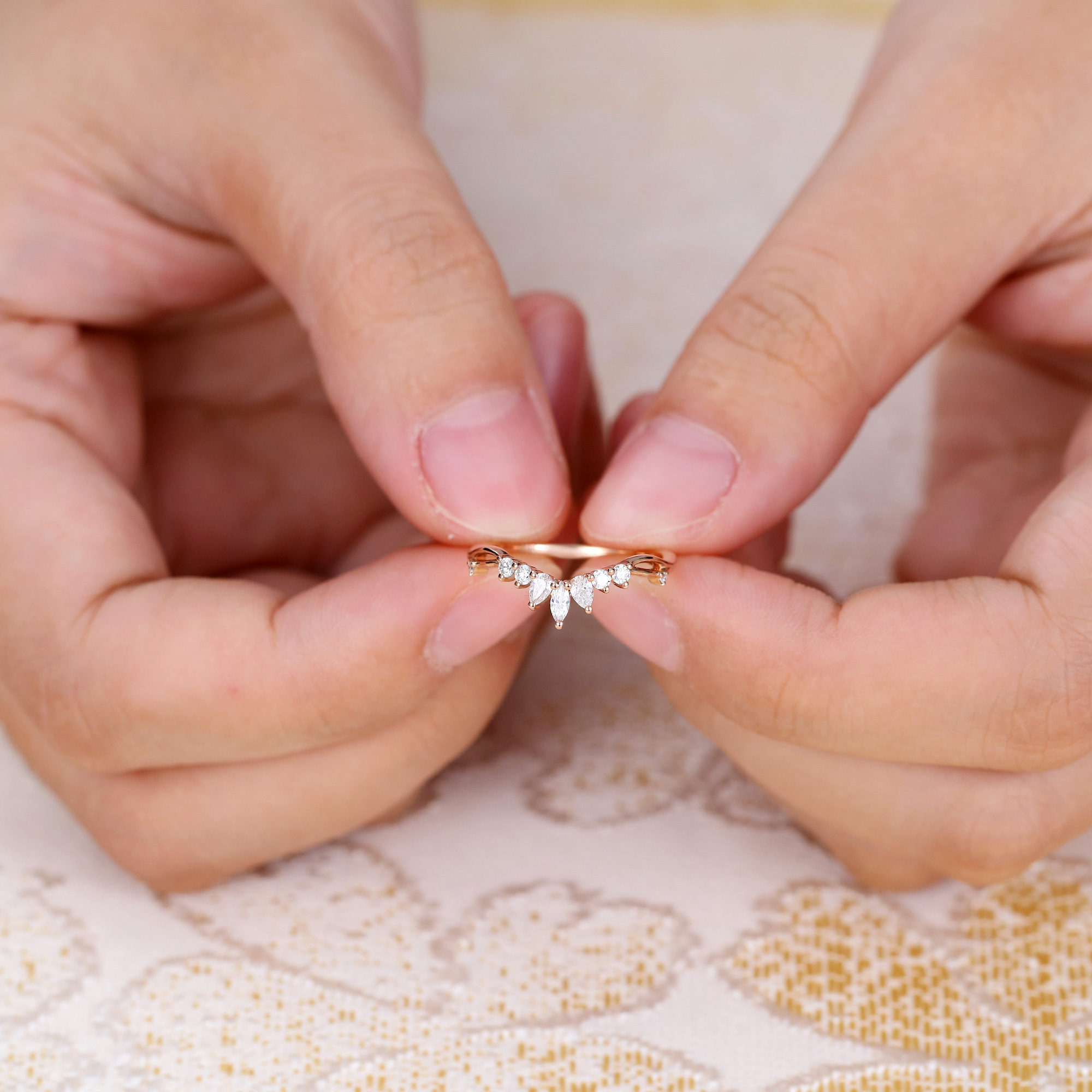 Juyoyo Rose Gold Marquise Moissanite Curved Wedding Band Stacking Rings