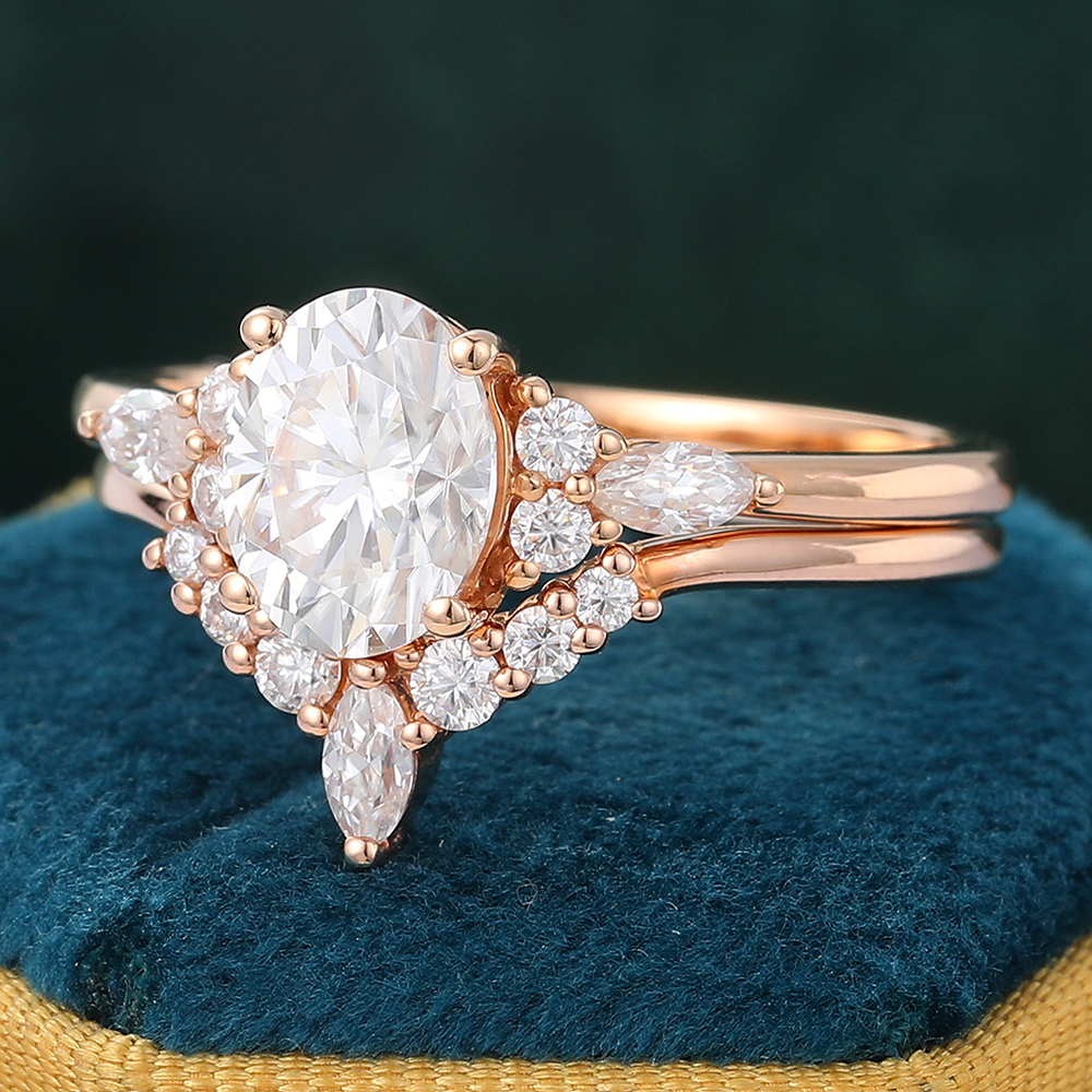 Juyoyo Rose Gold Oval Moissanite Wedding Set Diamond Cluster Engagement Ring Set for Women - 2pcs