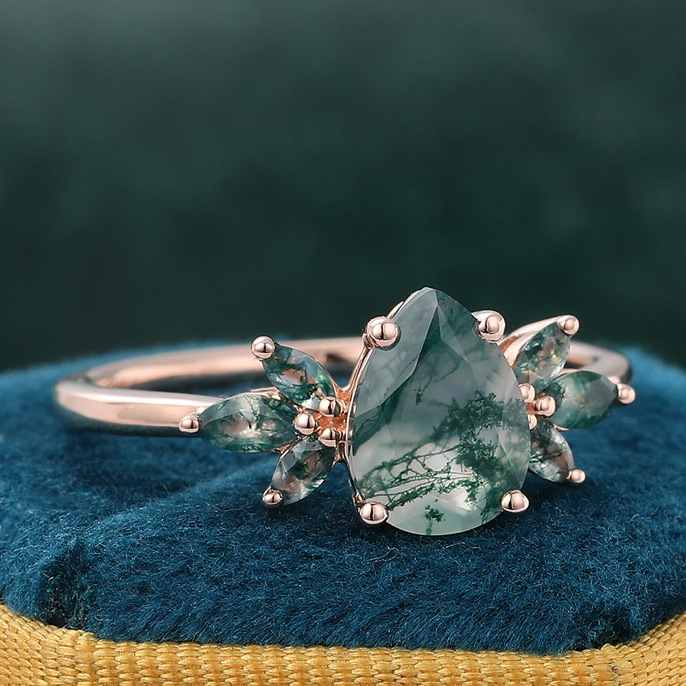 Natural Inspired Pear Moss Agate Engagement Ring with Marquise Moss Agate Accents
