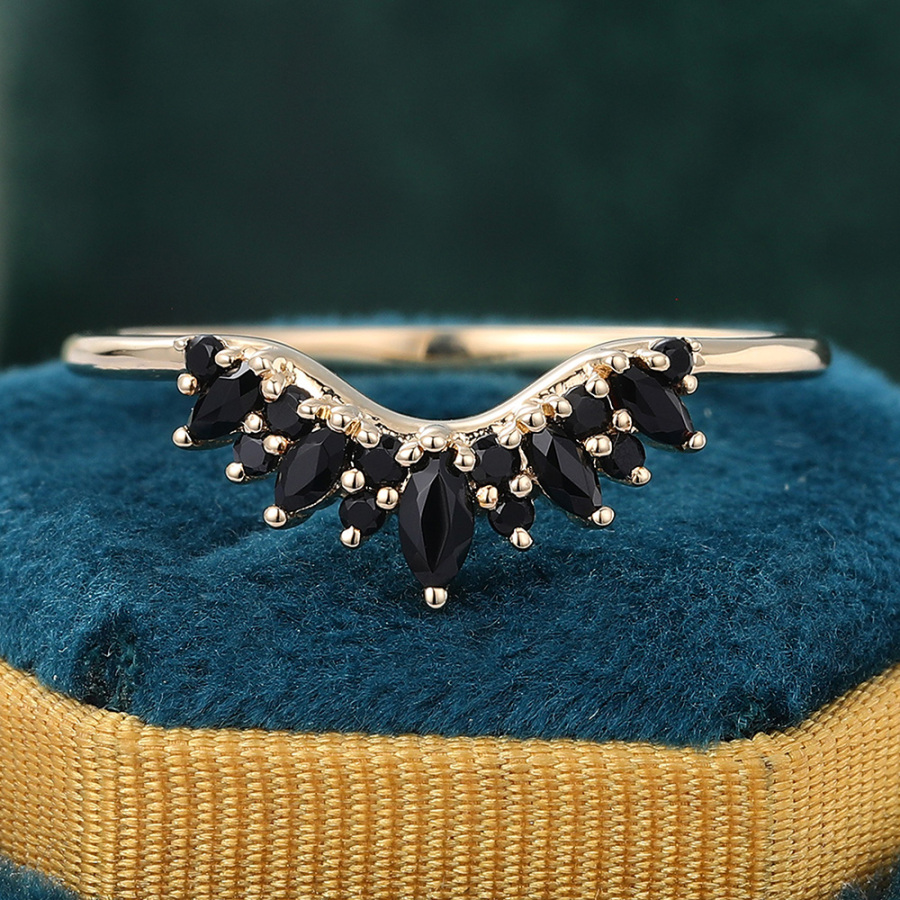 Marquise & Round Cut Black Onyx Ring Gold Contour Wedding Band Stackable Ring