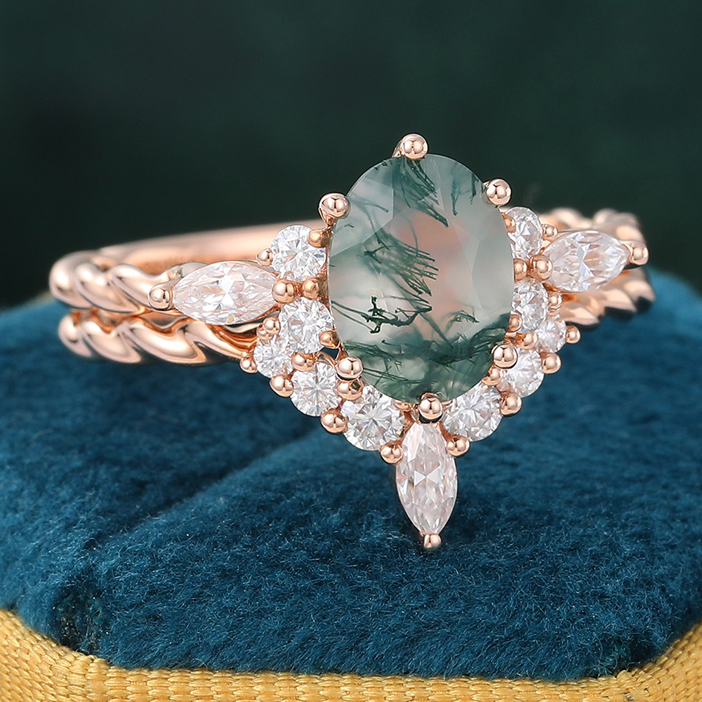 Juyoyo Twist Oval Moss Agate and Diamond Wedding Ring Set